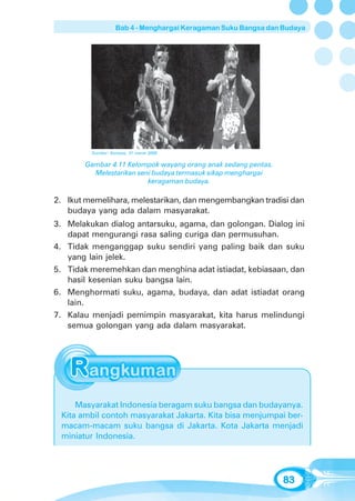 Bab 4 - Menghargai Keragaman Suku Bangsa dan Budaya




         Sumber: Kompas, 31 maret 2008

       Gambar 4.11 Kelompok wayang orang anak sedang pentas.
         Melestarikan seni budaya termasuk sikap menghargai
                         keragaman budaya.

2. Ikut memelihara, melestarikan, dan mengembangkan tradisi dan
   budaya yang ada dalam masyarakat.
3. Melakukan dialog antarsuku, agama, dan golongan. Dialog ini
   dapat mengurangi rasa saling curiga dan permusuhan.
4. Tidak menganggap suku sendiri yang paling baik dan suku
   yang lain jelek.
5. Tidak meremehkan dan menghina adat istiadat, kebiasaan, dan
   hasil kesenian suku bangsa lain.
6. Menghormati suku, agama, budaya, dan adat istiadat orang
   lain.
7. Kalau menjadi pemimpin masyarakat, kita harus melindungi
   semua golongan yang ada dalam masyarakat.




     Masyarakat Indonesia beragam suku bangsa dan budayanya.
 Kita ambil contoh masyarakat Jakarta. Kita bisa menjumpai ber-
 macam-macam suku bangsa di Jakarta. Kota Jakarta menjadi
 miniatur Indonesia.




                                                               83
 