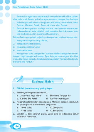 Ilmu Pengetahuan Sosial Kelas 4 SD/MI




   Bentuk keragaman masyarakat Indonesia bisa kita lihat dalam
dua kelompok besar, yaitu keragaman suku bangsa dan budaya.
1. Ada banyak sekali suku bangsa di Indonesia, antara lain Jawa,
   Sunda, Madura, Batak, Aceh, Ambon, dan Dayak.
2. Bentuk keragaman budaya antara lain bermacam-macam
   bahasa daerah, adat istiadat, hasil kesenian, bentuk rumah, sen-
   jata tradisional, dan makanan khas daerah.
Faktor-faktor penyebab terjadinya keragaman budaya, antara lain:
1. keragaman agama yang dianut,
2. keragaman adat istiadat,
3. tingkat pendidikan, dan
4. jenis pekerjaan.
   Keragaman suku bangsa dan budaya adalah kekayaan dan tan-
tangan bagi bangsa Indonesia. Agar bangsa dan negara kita bisa
maju, kita harus bersatu. Ingatlah selalu pepatah “bersatu kita teguh,
bercerai kita runtuh.”




I.   Pilihlah jawaban yang paling tepat!
1. Semboyan negara kita adalah ... .
   a. Jalasveva Jaya Mahe           c. Bhinneka Tunggal Ika
   b. Kartika Eka Paksi             d. Tut Wuri Handayani
2. Negara kita terdiri dari ribuan pulau. Menurut catatan, keseluruh-
   an pulau-pulau di Indonesia berjumlah ... .
   a. 17.508 pulau                  c. 17.000 pulau
   b. 17.708 pulau                  d. 17.808 pulau
3. Sekitar ... dari seluruh pulau yang ada di Indonesia belum
   diketahui namanya.



     84
 