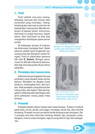 Bab 5 - Menghargai Peninggalan Sejarah


1. Fosil
    Fosil adalah sisa-sisa tulang-
belulang manusia dan hewan atau
tumbuhan yang membatu. Tulang-
belulang dan sisa-sisa tumbuhan itu
berasal dari masa purba. Mereka ter-
tanam di lapisan tanah. Umumnya,
fosil-fosil ini sudah berumur jutaan
tahun. Dari fosil-fosil itu kita bisa
mengetahui kehidupan pada zaman
purba.
                                           Sumber: Sejarah Nasional Indonesia I
    Di beberapa tempat di Indone-        Gambar 5.1 Tengkorak manusia
sia ditemukan berbagai fosil. Salah      purba yang ditemukan di Solo
satunya adalah fosil tengkorak ma-            dilihat dari bawah.
nusia purba dari Sangiran (Jawa Te-
ngah). Fosil ini ditemukan pertama
kali oleh E. Dubois. Dengan pene-
muan ini, kita tahu bahwa di Jawa su-
dah ada manusia purba ribuan tahun
yang lalu.

    erala
      alatan
2. Peralatan dari zaman dulu
    Ada banyak peninggalan berupa
peralatan yang dipakai pada zaman
dahulu. Peralatan itu dipakai untuk
berburu, menangkap ikan, dan ber-
tani. Ada peralatan yang terbuat dari
tulang, batu, dan logam. Dari pening-
                                           Sumber: Sejarah Nasional Indonesia I
galan ini kita bisa tahu kehidupan dan
                                           Gambar 5.2 Peralatan dari
jenis pekerjaan orang pada masa            tulang yang ditemukan di
lampau.                                     Ngandong, Jawa Timur.

   Prasasti
3. Prasasti
    Prasasti adalah tulisan-tulisan dari masa lampau. Tulisan ini ditulis
pada batu, emas, perak, perunggu, tembaga, tanah liat, atau tanduk
binatang. Prasasti umumnya berisi cerita tentang suatu kerajaan. Da-
ri prasasti kita bisa informasi tentang silsilah raja, perjanjian antar-
kerajaan, hukum suatu kerajaan, agama yang dianut raja, dan sebagai-
nya.


                                                                                  89
 