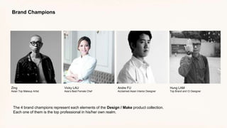 Zing
Asian Top Makeup Artist
Vicky LAU
Asia’s Best Female Chef
Brand Champions
Andre FU
Acclaimed Asian Interior Designer
The 4 brand champions represent each elements of the Design / Make product collection.
Each one of them is the top professional in his/her own realm.
Hung LAM
Top Brand and CI Designer
 