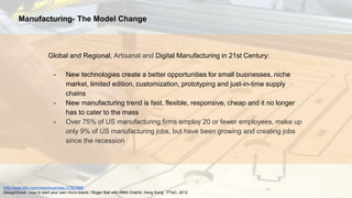 http://www.bbc.com/news/business-31527888
DesignDirect : how to start your own micro brand / Roger Ball with Heidi Overhil, Hong Kong : PTeC, 2012
Manufacturing- The Model Change
Global and Regional, Artisanal and Digital Manufacturing in 21st Century:
- New technologies create a better opportunities for small businesses, niche
market, limited edition, customization, prototyping and just-in-time supply
chains
- New manufacturing trend is fast, flexible, responsive, cheap and it no longer
has to cater to the mass
- Over 75% of US manufacturing firms employ 20 or fewer employees, make up
only 9% of US manufacturing jobs, but have been growing and creating jobs
since the recession
 
