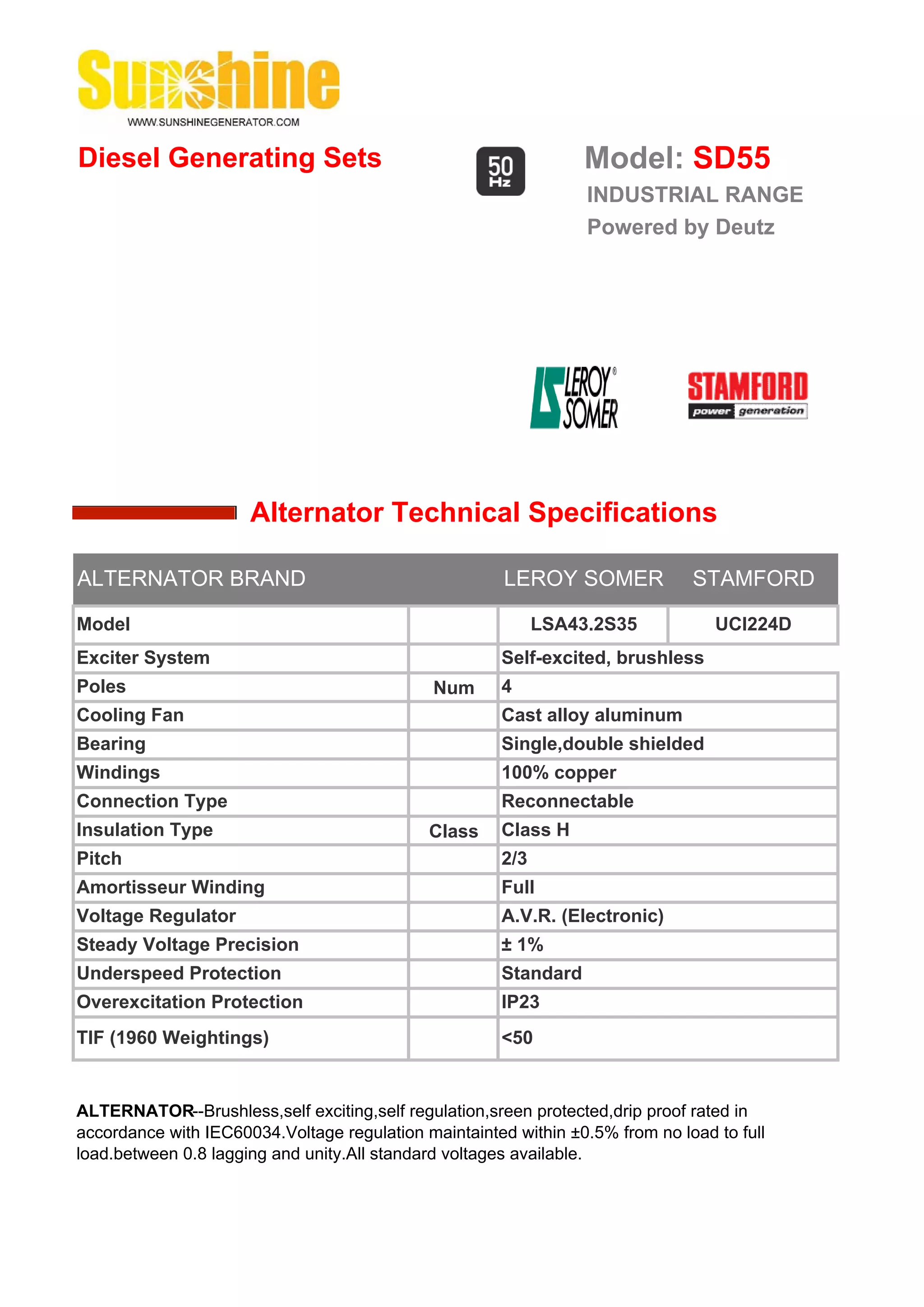 Diesel Generating Sets                                           Model: SD55
                                                                 INDUSTRIAL RANGE
                                                                 Powered by Deutz




                      Alternator Technical Specifications

ALTERNATOR BRAND                                       LEROY SOMER             STAMFORD

Model                                                       LSA43.2S35            UCI224D
Exciter System                                        Self-excited, brushless
Poles                                         Num     4
Cooling Fan                                           Cast alloy aluminum
Bearing                                               Single,double shielded
Windings                                              100% copper
Connection Type                                       Reconnectable
Insulation Type                              Class    Class H
Pitch                                                 2/3
Amortisseur Winding                                   Full
Voltage Regulator                                     A.V.R. (Electronic)
Steady Voltage Precision                              ± 1%
Underspeed Protection                                 Standard
Overexcitation Protection                             IP23
TIF (1960 Weightings)                                 <50


ALTERNATOR--Brushless,self exciting,self regulation,sreen protected,drip proof rated in
accordance with IEC60034.Voltage regulation maintainted within ±0.5% from no load to full
load.between 0.8 lagging and unity.All standard voltages available.
 