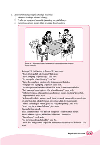 a. Musywarah di lingkungan keluarga, misalnya:
   1) Menentukan tempat rekreasi keluarga.
   2) Pemberian tugas yang harus dikerjakan tiap anggota keluarga.
   3) Menentukan aturan-aturan dalam keluarga, dan sebagainya.




                Gambar 4. 4 Musyawarah dalam keluarga untuk mencapai keputusan bersama.
                Sumber: Ilustrator



            Keluarga Pak Hadi sedang berkumpul di ruang tamu.
            “Besok libur, apakah ada rencana?” kata ayah.
            “Besok kita pergi ke pantai saja, “ kata Yono.
            “Bertamasya ke kebun binatang”, kata Tuti.
            “Kalau ibu, mau kerja bakti membersihkan rumah”, kata ibu.
            “Mengapa Yono ingin pergi ke pantai?” tanya ayah.
            “Bertamasya sambil menikmati keindahan alam”, kataNono menjelaskan.
            “Tuti, mengapa kamu ingin pergi ke kebun binatang?” tanya ayah.
            “Di kebun binatang kita dapat mengenal macam-macam binatang” jawab Tuti.
            “Bagaimana bu?” tanya ayah.
            “Kedua usul itu baik. Namun, sudah lama kita tidak membersihkan rumah dan
            sebentar lagi akan ada perlombaan kebersihan”, kata ibu menjelaskan.
            “Semua alasan bagus. Namun, pasti ada yang lebih penting”, kata ayah.
            “Mana yang harus kita dahulukan”, pinta ayah.
            Mereka berfikir sejenak.
            Tidak lama kemudian Yono dan Tuti menjawab: “Membersihkan rumah,
            karena sebentar lagi ada perlombaan kebersihan”, alasan Yono.
            “Bagus, bagus!” jawab ayah.
            “Ini merupakan kesepakatan kita”, kata ibu.
            “Besok kita mengadakan kerja bakti membersihkan rumah dan halaman” kata
            ayah.


                                                                               Keputusan Bersama   101
 