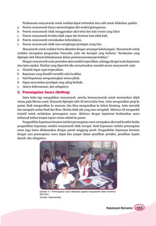 Pelaksanaan musyawarah untuk mufakat dapat terhambat atau sulit untuk dilakukan apabila:
a. Peserta musyawarah hanya mementingkan diri sendiri/golongannya.
b. Peserta musyawarah tidak menggunakan akal sehat dan hati nurani yang luhur.
c. Peserta musyawarah berlaku tidak sopan dan bertutur kata tidak baik.
d. Peserta musyawarah memaksakan kehendaknya.
e. Peserta musyawarah tidak mau menghargai pendapat orang lain.
    Musyawarah untuk mufakat harus dilandasi dengan semangat kekeluargaan. Musyawarah untuk
mufakat merupakan pengamalan Pancasila, yaitu sila keempat yang berbunyi “Kerakyatan yang
dipimpin oleh hikmat kebijaksanaan dalam permusyawaratan/perwakilan.”
    Dengan musyawarah suatu persoalan akan mudah terpecahkan, sehingga dicapai suatu keputusan
atau kata sepakat. Manfaat yang diperoleh jika menyelesaikan masalah secara musyawarah yaitu:
a. Masalah dapat cepat terpecahkan.
b. Keputusan yang diambil memiliki nilai keadilan.
c. Hasil keputusan menguntungkan semua pihak.
d. Dapat menyatukan pendapat yang saling berbeda.
e. Adanya kebersamaan, dan sebagainya.
2. Pemungutan Suara (Votting)
     Siswa kelas tiga mengadakan musyawarah, mereka bermusyawarah untuk menentukan objek
wisata pada liburan nanti. Musyarah dipimpin oleh Ali ketua kelas lima. Anita mengusulkan pergi ke
pantai, Budi mengusulkan ke museum, dan Rina mengusulkan ke kebun binatang. Anita menolak
dan mengejek usulan Budi dan Rina. Mereka tidak ada yang mau mengalah. Akhirnya Ali mengambil
inisiatif untuk melakukan pemungutan suara. Akhirnya dicapai keputusan berdasarkan suara
terbanyak bahwa tempat tujuan wisata adalah ke pantai.
     Pengambilan keputusan bersama melalui pemungutan suara merupakan alternatif terakhir ketika
pengambilan keputusan melalui musyawarah tidak tercapai. Hasil keputusan melalui pemungutan
suara juga harus dilaksanakan dengan penuh tanggung jawab. Pengambilan keputusan bersama
dengan cara pemungutan suara dapat kita jumpai dalam pemilihan presiden, pemilihan kepala
daerah, dan sebagainya.




                 Gambar 4. 7 Pemungutan suara dilakukan apabila musyawarah tidak menemui
                 titik temu.
                 Sumber: Dokumentasi




                                                                               Keputusan Bersama   103
 