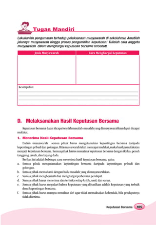 Tugas Mandiri
Lakukanlah pengamatan terhadap pelaksanaan musyawarah di sekolahmu! Amatilah
jalannya musyawarah hingga proses pengambilan keputusan! Tulislah cara anggota
musyawarah dalam menghargai keputusan bersama tersebut!
                      Jenis Musyawarah                                                          Cara Menghargai Keputusan




 Kesimpulan:
 ...................................................................................................................................................................
 ...................................................................................................................................................................
 ...................................................................................................................................................................
 ...................................................................................................................................................................




D. Melaksanakan Hasil Keputusan Bersama
   Keputusan bersama dapat dicapai setelah masalah-masalah yang dimusyawarahkan dapat dicapai
mufakat.
1. Menerima Hasil Keputusan Bersama
    Dalam musyawarah semua pihak harus mengutamakan kepentingan bersama daripada
kepentingan pribadi dan golongan. Bila musyawarah telah mencapai mufakat, maka hasil pemufakatan
menjadi keputusan bersama. Semua pihak harus menerima keputusan bersama dengan ikhlas, penuh
tanggung jawab, dan lapang dada.
    Berikut ini adalah beberapa cara menerima hasil keputusan bersama, yaitu:
a. Semua pihak mengutamakan kepentingan bersama daripada kepentingan pribadi dan
    golongan.
b. Semua pihak memahami dengan baik masalah yang dimusyawarahkan.
c. Semua pihak menghormati dan menghargai perbedaan pendapat.
d. Semua pihak harus menerima dan terbuka setiap kritik, usul, dan saran.
e. Semua pihak harus meyadari bahwa keputusan yang dihasilkan adalah keputusan yang terbaik
    demi kepentingan bersama.
f. Semua pihak harus mampu menahan diri agar tidak memaksakan kehendak, bila pendapatnya
    tidak diterima.


                                                                                                                        Keputusan Bersama                         105
 