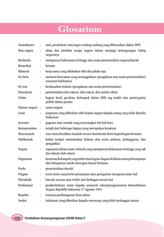 Glosarium
 Amandemen      :   usul, perubahan rancangan undang-undang yang dibicarakan dalam DPR
 Bela negara    :   sikap dan perilaku warga negara dalam menjaga kelangsungan hidup
                    negaranya
 Berdaulat      :   mempunyai kekuasaan tertinggi atas suatu pemerintahan negara/daerah
 Berserikat     :   bersatu
 Bilateral      :   kerja sama yang dilakukan oleh dua pihak saja
 De facto       :   menurut kenyataan yang sesungguhnya (pengakuan atas suatu pemerintahan)
                    menurut hakikatnya
 De jure        :   berdasarkan hukum (pengakuan atas suatu pemerintahan)
 Demokrasi      :   pemerintahan dari rakyat, oleh rakyat, dan untuk rakyat
 Fraksi         :   bagian kecil, pecahan, kelompok dalam DPR yag terdiri atas partai-partai
                    politik dalam pemilu
 Elemen negara :    unsur negara
 Grasi          :   ampunan yang diberikan oleh kepala negara kepada orang yang telah dijatuhi
                    hukuman
 Inovator       :   gagasan atau metode yang menyangkut hal-hal baru
 Kemajemukan :      terjadi dari beberapa bagian yang merupakan kesatuan
 Musyawarah     :   cara menyelesaikan masalah secara demokratis demi kepentingan bersama
 Mahkamah       :   badan tempat memutuskan hukum atas suatu perkara, pelanggaran, dan
                    pengadilan
 Negara         :   organisasi dalam suatu wilayah yang mempunyai kekuasaan tertinggi yang sah
                    dan ditaati oleh rakyat
 Organisasi     :   kesatuan/kelompok yang terdiri atas bagian-bagian di dalam suatu perkumpulan
                    dan sebagainya untuk mencapai tujuan bersama
 Perda          :   pemerintahan daerah
 Piagam         :   surat resmi yang berisi pernyataan atau peneguhan mengenai suatu hal
 Pluralistik    :   banyak macam atau terdiri dari berbagai macam hal
 Proklamasi     :   pemberitahuan resmi kepada semuruh rakyat/pengumuman Kemerdekaan
                    Negara Republik Indonesia 17 Agustus 1945
 Repelita       :   rencana pembangunan lima tahun
 Sanksi         :   hukuman yang diberikan kepada seseorang yang telah melanggar aturan



120   Pendidikan Kewarganegaraan SD/MI Kelas V
 