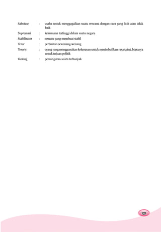 Sabotase       :   usaha untuk menggagalkan suatu rencana dengan cara yang licik atau tidak
                   baik
Supremasi      :   kekuasaan tertinggi dalam suatu negara
Stabilisator   :   sesuatu yang membuat stabil
Teror          :   perbuatan sewenang-wenang
Teroris        :   orang yang menggunakan kekerasan untuk menimbullkan rasa takut, biasanya
                   untuk tujuan politik
Vooting        :   pemungutan suara terbanyak




                                                                  Keputusan Bersama      121
 