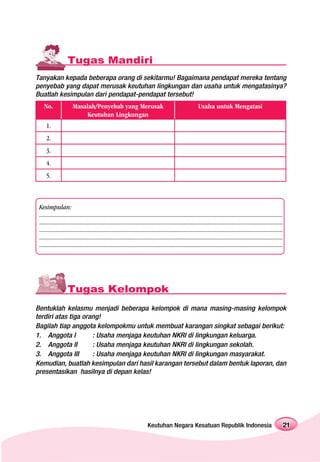 Tugas Mandiri
Tanyakan kepada beberapa orang di sekitarmu! Bagaimana pendapat mereka tentang
penyebab yang dapat merusak keutuhan lingkungan dan usaha untuk mengatasinya?
Buatlah kesimpulan dari pendapat-pendapat tersebut!
    No.                Masalah/Penyebab yang Merusak                                                      Usaha untuk Mengatasi
                           Keutuhan Lingkungan
     1.
     2.
     3.
     4.
     5.



 Kesimpulan:
 ..................................................................................................................................................................
 ..................................................................................................................................................................
 ..................................................................................................................................................................
 ..................................................................................................................................................................
 ..................................................................................................................................................................




                   Tugas Kelompok
Bentuklah kelasmu menjadi beberapa kelompok di mana masing-masing kelompok
terdiri atas tiga orang!
Bagilah tiap anggota kelompokmu untuk membuat karangan singkat sebagai berikut:
1. Anggota I         : Usaha menjaga keutuhan NKRI di lingkungan keluarga.
2. Anggota II        : Usaha menjaga keutuhan NKRI di lingkungan sekolah.
3. Anggota III       : Usaha menjaga keutuhan NKRI di lingkungan masyarakat.
Kemudian, buatlah kesimpulan dari hasil karangan tersebut dalam bentuk laporan, dan
presentasikan hasilnya di depan kelas!




                                                                         Keutuhan Negara Kesatuan Republik Indonesia                                              21
 