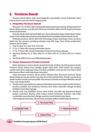 E. Peraturan Daerah
    Peraturan daerah dibuat untuk menyelenggarakan pemerintahan daerah berdasarkan sistem
otonomi daerah yang nyata dan bertanggung jawab.
1. Pengertian Peraturan Daerah
    Menurut UU No. 10 Tahun 2004 tentang pembentukan peraturan perundang-undangan peraturan
daerah adalah peraturan yang dibentuk oleh Dewan Perwakilan Rakyat Daerah dengan persetujuan
bersama kepala daerah.
    Peraturan daerah untuk tiap daerah tidak sama, karena disesuaikan dengan kondisi daerah masing-
masing. Untuk melaksanakan peraturan daerah kepala daerah menetapkan keputusan kepala daerah.
    Pembuatan peraturan daerah tidak boleh bertentangan dengan kepentingan umum, peraturan
daerah lain dan peraturan perundang-undangan yang lebih tinggi. Dasar hukum pembentukan
peraturan daerah adalah:
a. Pasal 18, Pasal 18 A, Pasal 18 B +UUD 1945.
b. UU No. 32 Tahun 2004 tentang Pemerintahan Daerah.
c. UU No. 10 Tahun 2004 tentang Pembentukan Peraturan Perundang-undangan.
d. Keputusan Mendagri No. 21 Tahun 2003; No. 22 Tahun 2003; No. 23 Tahun 2003; No. 24 Tahun
    2003.
e. Tata Tertib DPRD Provinsi atau DPRD Kabupaten/Kota.
2. Proses Penyusunan Peraturan Daerah
     Dalam pelaksanaan otonomi daerah, pemerintah daerah membuat sejumlah peraturan daerah.
Pertaturan daerah tersebut buasa disingkat dengan istilah perda. Perda tersebut bisa mengatur
masalah administrasi, lingkungan hidup, ketertiban, pendidikan, sosial, dan lain-lain. Perda tersebut
pada dasarnya dibuat untuk kepentingan masyarakat.
     Proses penyusunan peraturan daerah melalui beberapa tahap. Penyusunan peraturan daerah
dimulai dengan perumusan masalah yang akan diatur dalam perda tersebut. Masalah yang dimaksud
adalah masalah-masalah sosial atau publik. Pada umumnya masalah sosial dapat dibedakan menjadi
2 jenis, yaitu sebagai berikut.
a. Masalah sosial yang terjadi karena adanya perilaku dalam masyarakat yang bermasalah. Misalnya:
     maraknya perjudian atau beredarnya minuman keras dalam masyarakat sehingga membuat
     kehidupan masyarakat terganggu.
b. Masalah sosial yang disebabkan karena aturan hukum yang tidak lagi proporsional dengan
     keadaan masyarakat. Misalnya, perda tentang retribusi pemeriksaan kesehatan yang sangat
     memberatkan masyarakat kecil sehingga peraturan daerah tersebut harus diganti.
     Untuk mengetahui secara jelas, alur dari proses pembuatan perda itu, lihatlah bagan di bawah ini!

                                        2. Perumusan Perda


     1. Isu/Masalah Publik                                               3. Pelaksanaan Perda


                                        4. Evaluasi Perda


50    Pendidikan Kewarganegaraan SD/MI Kelas V
 