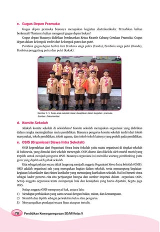 c. Gugus Depan Pramuka
    Gugus depan pramuka biasanya merupakan kegiatan ekstrakurikuler. Pernahkan kalian
berkemah? Tentunya kalian mengenal gugus depan bukan?
    Gugus depan biasanya didirikan berdasarkan Ketua Kwartir Cabang Gerakan Pramuka. Gugus
depan dalam kelompok terdiri dari kelompok putra dan putri.
    Pembina gugus depan terdiri dari Pembina siaga putra (Yanda), Pembina siaga putri (Bunda),
Pembina penggalang putra dan putri (kakak).




                Gambar 3. 5 Anak-anak sekolah dasar diwajibkan dalam kegiatan pramuka
                Sumber: Dokumentasi


d. Komite Sekolah
    Adakah komite sekolah di sekolahmu? Komite sekolah merupakan organisasi yang didirikan
dalam rangka meningkatkan mutu pendidikan. Biasanya pengurus komite sekolah terdiri dari tokoh
masyarakat, tokoh pendidikan, tokoh agama, dan tokoh-tokoh lainnya yang peduli pada pendidikan.
e. OSIS (Organisasi Siswa Intra Sekolah)
     OSIS kependekan dari Organisasi Siswa Intra Sekolah yaitu suatu organisasi di tingkat sekolah
di Indonesia, yang dimulai dari sekolah menengah. OSIS diurus dan dikelola oleh murid-murid yang
terpilih untuk menjadi pengurus OSIS. Biasanya organisasi ini memiliki seorang pembimbing yaitu
guru yang dipilih oleh pihak sekolah.
     Kita sebagai pelajar secara tidak langsung menjadi anggota Organisasi Siswa Intra Sekolah (OSIS).
OSIS adalah organisasi sah yang merupakan bagian dalam sekolah, serta menampung kegiatan-
kegiatan kokurikuler dan ekstra kurikuler yang menunjang kurikulum sekolah. Hal ini berarti siswa
sebagai kader penerus cita-cita perjuangan bangsa dan sumber inspirasi dalam organisasi OSIS.
Setiap anggota organisasi tentu mempunyai hak dan kewajiban yang harus dipatuhi, begitu juga
OSIS.
     Setiap anggota OSIS mempunyai hak, antara lain:
1) Mendapat perlakukan yang sama sesuai dengan bakat, minat, dan kemampuan.
2) Memilih dan dipilih sebagai perwakilan kelas atau pengurus.
3) Menyampaikan pendapat secara lisan ataupun tertulis.


78   Pendidikan Kewarganegaraan SD/MI Kelas V
 