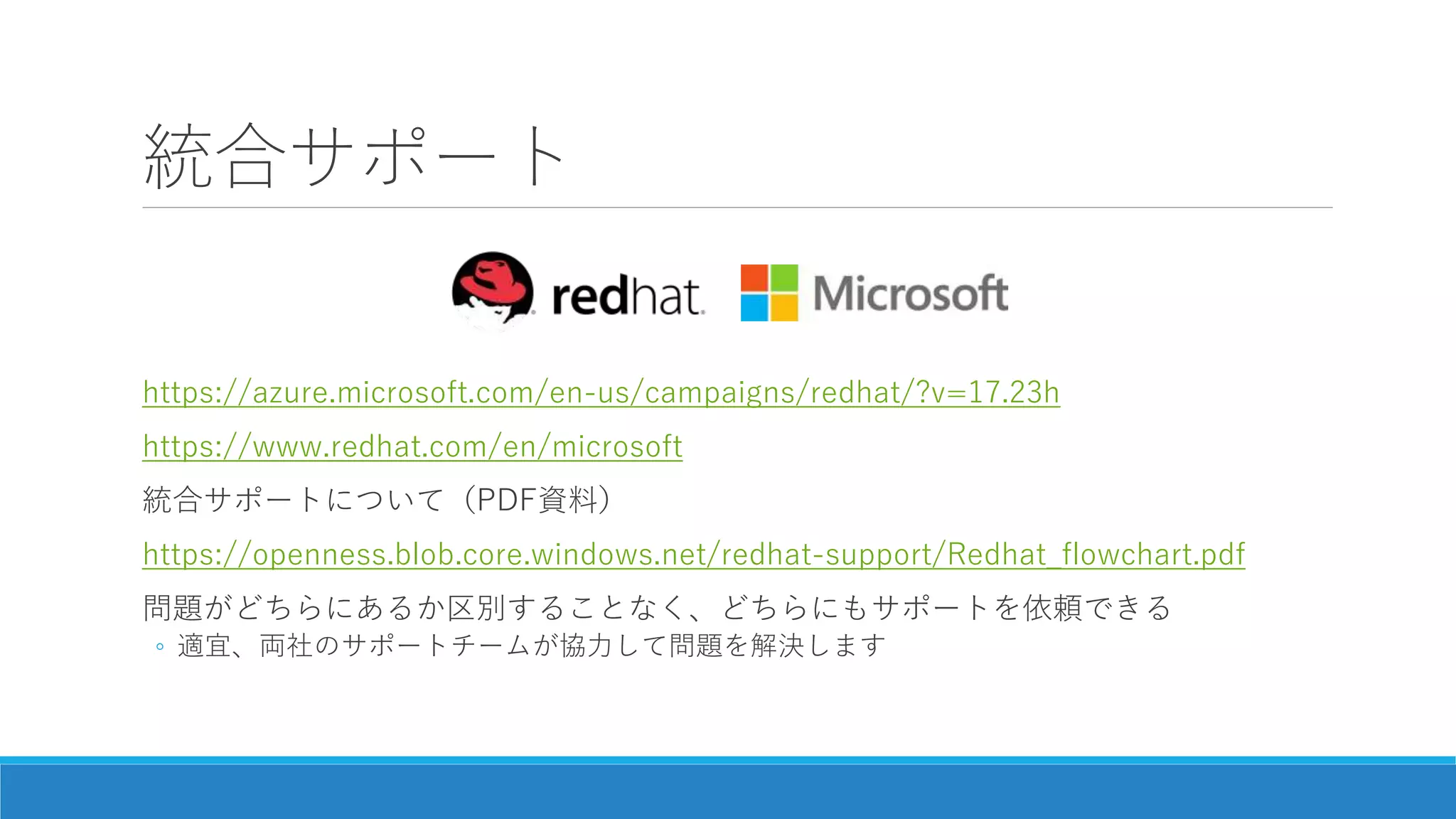 統合サポート
https://azure.microsoft.com/en-us/campaigns/redhat/?v=17.23h
https://www.redhat.com/en/microsoft
統合サポートについて（PDF資料）
https://openness.blob.core.windows.net/redhat-support/Redhat_flowchart.pdf
問題がどちらにあるか区別することなく、どちらにもサポートを依頼できる
◦ 適宜、両社のサポートチームが協力して問題を解決します
 