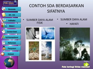 CONTOH SDA BERDASARKAN
SIFATNYA
• SUMBER DAYA ALAM
FISIK
• SUMBER DAYA ALAM
• HAYATI
 