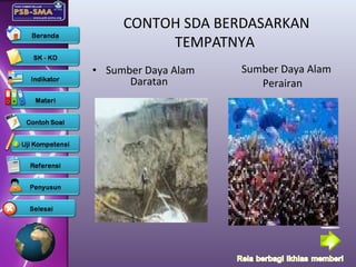 CONTOH SDA BERDASARKAN
TEMPATNYA
• Sumber Daya Alam
Daratan
Sumber Daya Alam
Perairan
 