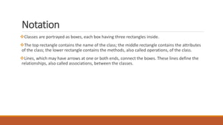 Notation
Classes are portrayed as boxes, each box having three rectangles inside.
The top rectangle contains the name of the class; the middle rectangle contains the attributes
of the class; the lower rectangle contains the methods, also called operations, of the class.
Lines, which may have arrows at one or both ends, connect the boxes. These lines define the
relationships, also called associations, between the classes.
 