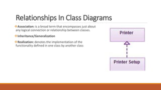 Relationships In Class Diagrams
Association: is a broad term that encompasses just about
any logical connection or relationship between classes.
Inheritance/Generalization
Realization: denotes the implementation of the
functionality defined in one class by another class
 