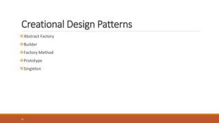 32
Creational Design Patterns
Abstract Factory
Builder
Factory Method
Prototype
Singleton
 