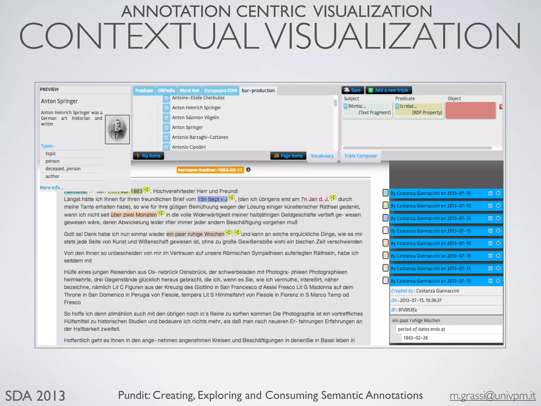 Pundit: Creating, Exploring and Consuming Semantic Annotations m.grassi@univpm.itSDA 2013
CONTEXTUALVISUALIZATION
ANNOTATION CENTRIC VISUALIZATION
 