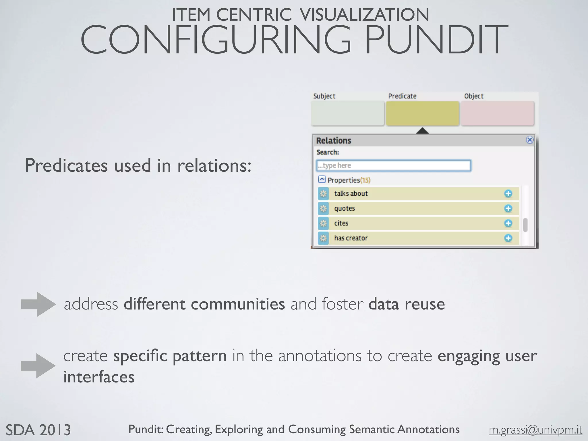 Pundit: Creating, Exploring and Consuming Semantic Annotations m.grassi@univpm.itSDA 2013
CONFIGURING PUNDIT
ITEM CENTRIC VISUALIZATION
create speciﬁc pattern in the annotations to create engaging user
interfaces
Predicates used in relations:
address different communities and foster data reuse
 
