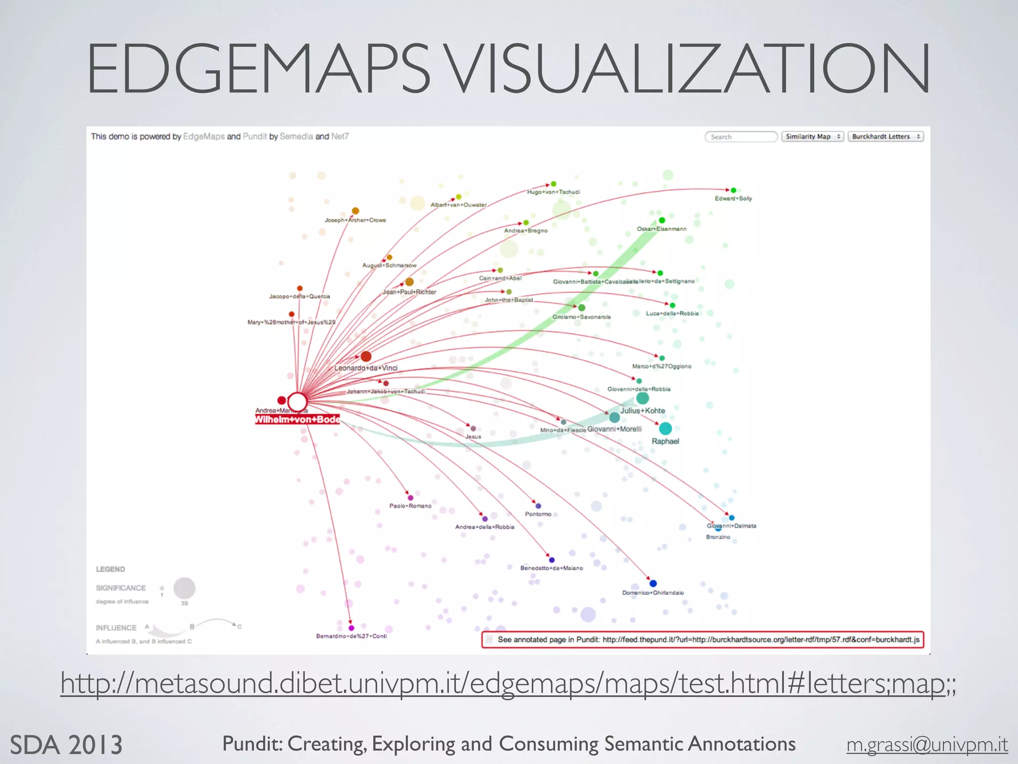 Pundit: Creating, Exploring and Consuming Semantic Annotations m.grassi@univpm.itSDA 2013
EDGEMAPSVISUALIZATION
http://metasound.dibet.univpm.it/edgemaps/maps/test.html#letters;map;;
 