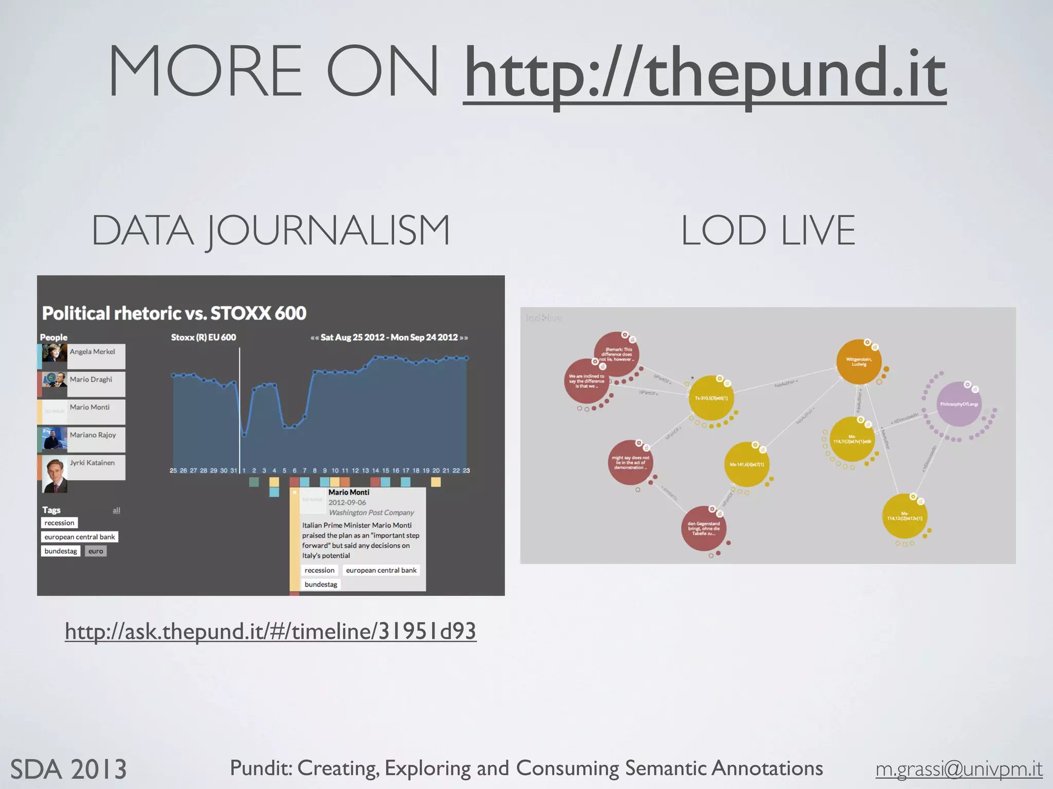 Pundit: Creating, Exploring and Consuming Semantic Annotations m.grassi@univpm.itSDA 2013
MORE ON http://thepund.it
http://ask.thepund.it/#/timeline/31951d93
DATA JOURNALISM LOD LIVE
 