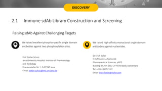 DISCOVERY
Raising sdAb Against Challenging Targets
We raised excellent phospho-specific single domain
antibodies against two phosphorylation sites.
Prof. Stefan Schulz
Jena University Hospital, Institute of Pharmakology
and Toxikology
Drackendorfer Str. 1, D-07747 Jena
Email: stefan.schulz@mti.uni-jena.de
We raised high-affinity monoclonal single domain
antibodies against nucleotides.
Dr. Erich Koller
F
. Hoffmann-La Roche Ltd.
Pharmaceutical Sciences, pRED
Building 69, Rm 155, CH-4070 Basel, Switzerland
Tel: +41 61 687 21 41
Email: erich.koller@roche.com
2.1 Immune sdAb Library Construction and Screening
 