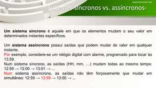 Sistemas síncronos vs. assíncronos-
Um sistema síncrono é aquele em que os elementos mudam o seu valor em
determinados instantes específicos.
Um sistema assíncrono possui saídas que podem mudar de valor em qualquer
instante.
Por exemplo, considere-se um relógio digital com alarme, programado para tocar às
13:59.
Num sistema síncrono, as saídas (HH, mm, …) mudam todas ao mesmo tempo:
12:59 → 13:00 → 13:01 → ...
Num sistema assíncrono, as saídas não têm forçosamente que mudar em
simultâneo: 12:59 → 13:59 → 13:00 → ...
www.ticmania.net
 