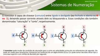 Sistemas de Numeração
O transístor pode mudar da condição de saturação para o corte em velocidades acima de um milionésimo de segundo. Ele
pode ser usado para caracterizar a presença (ou ausência) de um dígito binário (0 ou 1) e pode tomar decisões desse tipo a
uma taxa superior a um milhão de decisões por segundo.
O transístor é capaz de chavear (comutar) entre ligado e desligado (ou fechado e aberto ou 0
ou 1), deixando passar corrente através dele ou bloqueando-a. Essas condições são também
denominadas “saturação” e “corte”, respetivamente.
0
0
1
1
1
1
0
0
0
1
0
0
www.ticmania.net
 