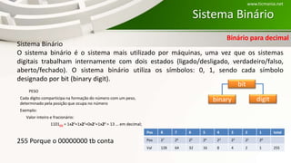 Sistema Binário
Sistema Binário
O sistema binário é o sistema mais utilizado por máquinas, uma vez que os sistemas
digitais trabalham internamente com dois estados (ligado/desligado, verdadeiro/falso,
aberto/fechado). O sistema binário utiliza os símbolos: 0, 1, sendo cada símbolo
designado por bit (binary digit).
PESO
Cada dígito comparticipa na formação do número com um peso,
determinado pela posição que ocupa no número
Exemplo:
Valor inteiro e fracionário:
1101(2) = 1x23+1x22+0x21+1x20 = 13 … em decimal;
Pos 8 7 6 5 4 3 2 1 total
Pos 27 26 25 24 23 22 21 20
Val 128 64 32 16 8 4 2 1 255
255 Porque o 00000000 tb conta
bit
digitbinary
www.ticmania.net
Binário para decimal
 