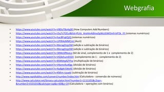 Webgrafia
• https://www.youtube.com/watch?v=VBDoT8o4q00 (How Computers Add Numbers)
• https://www.youtube.com/watch?v=J5q7s7l2EuI&list=PLHz_AreHm4dlmeSpWzJGWOmFnVF5k_IYi (sistemas numéricos)
• https://www.youtube.com/watch?v=hacBFrgtQjQ (sistemas numéricos)
• https://www.youtube.com/watch?v=UPlR4eMMCmI (Ascii)
• https://www.youtube.com/watch?v=MeragDzjp5M (adição e subtração de binários)
• https://www.youtube.com/watch?v=MeragDzjp5M (adição e subtração de binários)
• https://www.youtube.com/watch?v=38WoSfNvxLo (bit de sinal, complemento de 1 e complemento de 2)
• https://www.youtube.com/watch?v=VQ3ehumE024 (complemento de 1 - complemento de 2)
• https://www.youtube.com/watch?v=BSMdrgAZYFw (multiplicação de binários)
• https://www.youtube.com/watch?v=VKemv9u40gc (divisão de binários)
• https://www.youtube.com/watch?v=Na8gKrSWeXE (divisão de binários)
• https://www.youtube.com/watch?v=KMim-tzywkI (subtração de binários)
• http://www.rapidtables.com/convert/number/index.htm (Calculadora - conversão de números)
• http://www.calculator.net/binary-calculator.html?number1=1111101&c2op=-
&number2=0101010&calctype=op&x=60&y=14 (Calculadora – operações com binários)
 