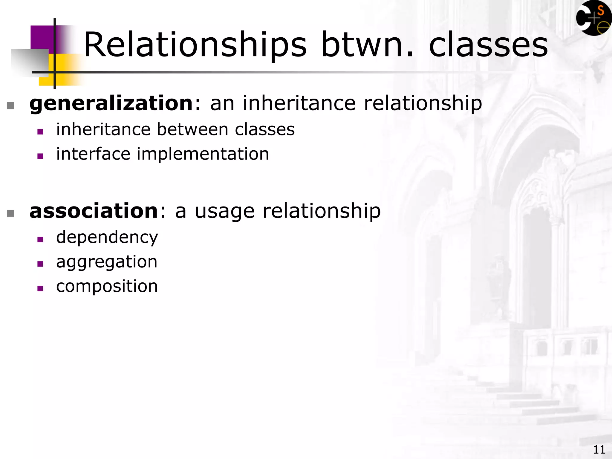 11
Relationships btwn. classes
 generalization: an inheritance relationship
 inheritance between classes
 interface implementation
 association: a usage relationship
 dependency
 aggregation
 composition
 