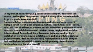 Masyarakat pesisir lampung kebanyakan nelayan, dan bercocok 
tanam. Sedangkan masyarakat tengah kebanyakan berkebun lada, 
kopi, cengkeh, kayu manis dll. 
Lampung fokus pada pengembangan perkebunan besar seperti 
kelapa sawit, karet, padi, singkong, kakao, lada hitam, kopi, jagung, 
tebu dll. Dan di beberapa daerah pesisir, komoditas perikanan seperti 
tambak udang lebih menonjol, bahkan untuk tingkat nasional dan 
internasional. Selain hasil bumi Lampung juga merupakan kota 
pelabuhan karena lampung adalah pintu gerbang untuk masuk ke 
pulau sumatra. dari hasil bumi yang melimpah tumbuhlah banyak 
industri-industri seperti di daerah pesisir panjang, daerah natar, 
tanjung bintang, bandar jaya dll 
 