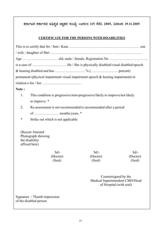 57
PÀ£ÁðlPÀ ¸ÀPÁðgÀzÀ C¢üPÀÈvÀ eÁÕ¥À£À ¸ÀASÉå: ¹D¸ÀÄE 115 ¸É£É¤ 2005, ¢£ÁAPÀ: 19.11.2005
CERTIFICATE FOR THE PERSONS WITH DISABILITIES
This is to certify that Sri / Smt / Kum …………………………………………………… son
/ wife / daughter of Shri …………………………………………….. …………………….
Age ………………………… old, male / female, Registration No ……………………………
is a case of ………………………... He / She is physically disabled/visual disabled/speech
& hearing disabled and has …………………….. % (……………………percent)
permanent (physical impairment visual impairment speech & hearing impairment) in
relation o his / her ……………………………
Note :
1. This condition is progressive/non-progressive/likely to improve/not likely
to improve. *
2. Re-assessment is not recommended/is recommended after a period
of ………………… months/years. *
* Strike out which is not applicable
(Recent Attested
Photograph showing
the disability
affixed here)
Sd/- Sd/- Sd/-
(Doctor) (Doctor) (Doctor)
(Seal) (Seal) (Seal)
Countersigned by the
Medical Superintendent CMO/Head
of Hospital (with seal)
Signature / Thumb impression
of the disabled person
 