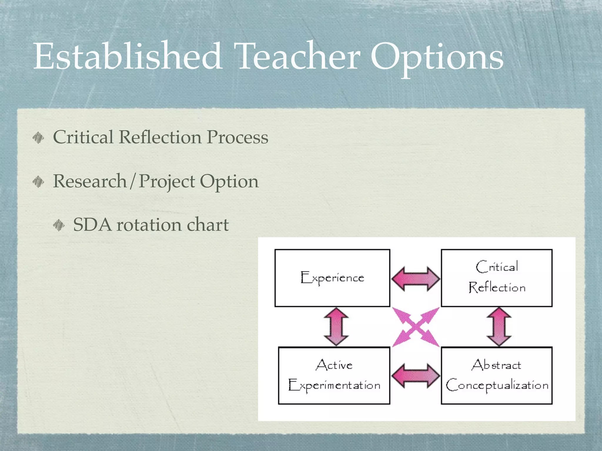 Established Teacher Options
 Critical Reﬂection Process

 Research/Project Option

   SDA rotation chart
 