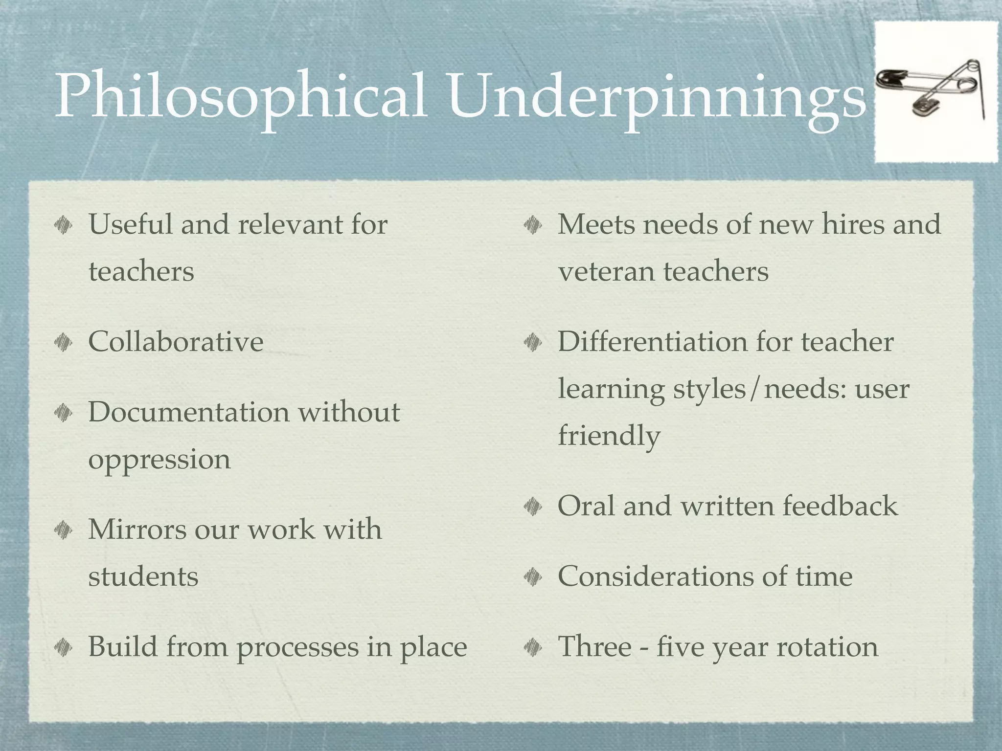 Philosophical Underpinnings
 Useful and relevant for         Meets needs of new hires and
 teachers                        veteran teachers

 Collaborative                   Differentiation for teacher
                                 learning styles/needs: user
 Documentation without
                                 friendly
 oppression
                                 Oral and written feedback
 Mirrors our work with
 students                        Considerations of time

 Build from processes in place   Three - ﬁve year rotation
 