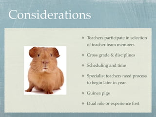 Considerations
             Teachers participate in selection
             of teacher team members

             Cross grade & disciplines

             Scheduling and time

             Specialist teachers need process
             to begin later in year

             Guinea pigs

             Dual role or experience ﬁrst
 