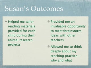 Susan’s Outcomes
Helped me tailor     Provided me an
reading materials    invaluable opportunity
provided for each    to meet/brainstorm
child during their   ideas with other
animal research      teachers
projects
                     Allowed me to think
                     deeply about my
                     teaching practice -
                     why and what
 