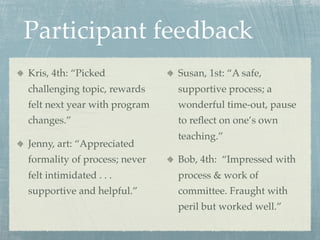 Participant feedback
Kris, 4th: “Picked            Susan, 1st: “A safe,
challenging topic, rewards    supportive process; a
felt next year with program   wonderful time-out, pause
changes.”                     to reﬂect on one’s own
                              teaching.”
Jenny, art: “Appreciated
formality of process; never   Bob, 4th: “Impressed with
felt intimidated . . .        process & work of
supportive and helpful.”      committee. Fraught with
                              peril but worked well.”
 