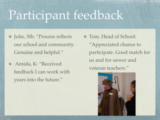 Participant feedback
Julie, 5th: “Process reﬂects   Tom, Head of School:
our school and community.      “Appreciated chance to
Genuine and helpful.”          participate. Good match for
                               us and for newer and
 Amida, K: “Received
                               veteran teachers.”
feedback I can work with
years into the future.”
 