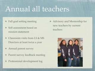 Annual all teachers
Fall goal setting meeting         Advisory and Mentorship for
                                  new teachers by current
Self assessment based on
                                  teachers
mission statement

Classroom visits from LS & MS
Directors at least twice a year

Annual parent survey

Parent survey feedback meeting

Professional development log
 