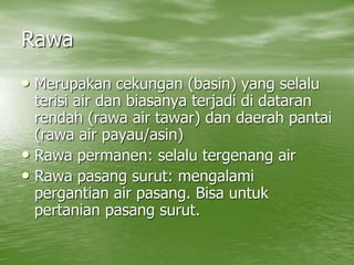 Rawa
• Merupakan cekungan (basin) yang selalu
terisi air dan biasanya terjadi di dataran
rendah (rawa air tawar) dan daerah pantai
(rawa air payau/asin)
• Rawa permanen: selalu tergenang air
• Rawa pasang surut: mengalami
pergantian air pasang. Bisa untuk
pertanian pasang surut.
 