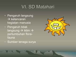 VI. SD Matahari
• Pengaruh langsung
 kelancaran
kegiatan manusia
• Pengaruh tidak
langsung  iklim 
pertumbuhan flora-
fauna
• Sumber tenaga surya
 