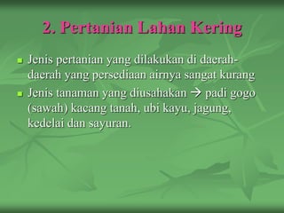 2. Pertanian Lahan Kering
 Jenis pertanian yang dilakukan di daerah-
daerah yang persediaan airnya sangat kurang
 Jenis tanaman yang diusahakan  padi gogo
(sawah) kacang tanah, ubi kayu, jagung,
kedelai dan sayuran.
 