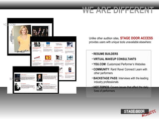 WE ARE DIFFERENT
YOU.COM



                            Unlike other audition sites, STAGE DOOR ACCESS
                            provides users with unique tools unavailable elsewhere:
              HOT TOPICS

                              • RESUME BUILDERS
                              • VIRTUAL MAKEUP CONSULTANTS
                              • YOU.COM: Customized Performer’s Websites
                              • COMMUNITY: Rant/ Rave/ Connect/ Learn with
                                other performers
   BACKSTAGE PASS             • BACKSTAGE PASS: Interviews with the leading
                                industry professionals
                              • HOT TOPICS: Covers issues that affect the daily
                                lives of performers
 