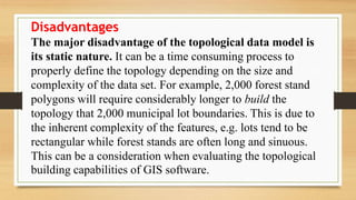 Disadvantages
The major disadvantage of the topological data model is
its static nature. It can be a time consuming process to
properly define the topology depending on the size and
complexity of the data set. For example, 2,000 forest stand
polygons will require considerably longer to build the
topology that 2,000 municipal lot boundaries. This is due to
the inherent complexity of the features, e.g. lots tend to be
rectangular while forest stands are often long and sinuous.
This can be a consideration when evaluating the topological
building capabilities of GIS software.
 