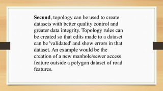 Second, topology can be used to create
datasets with better quality control and
greater data integrity. Topology rules can
be created so that edits made to a dataset
can be 'validated' and show errors in that
dataset. An example would be the
creation of a new manhole/sewer access
feature outside a polygon dataset of road
features.
 