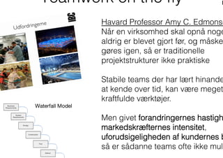 Teamwork on the ﬂy
Havard Professor Amy C. Edmonso
Når en virksomhed skal opnå noge
aldrig er blevet gjort før, og måske
gøres igen, så er traditionelle
projektstrukturer ikke praktiske
Stabile teams der har lært hinande
at kende over tid, kan være meget
kraftfulde værktøjer.
Men givet forandringernes hastigh
markedskræfternes intensitet,
uforudsigeligheden af kundernes b
så er sådanne teams ofte ikke muli
 