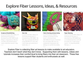 Explore Fiber is collecting fiber art lessons to make available to art educators.
Teachers don’t teach what they don’t know. Supporting them with lessons, videos and
tutorials increases their comfort level to bring fibers into their art classroom. These free
lessons support fiber students and enthusiasts as well.
 