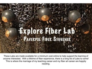 These Labs are made available for a minimum cost online to help support the learning of
anyone interested. With a lifetime of fiber experience, there is a long list of Labs to come!
This is where the marriage of my teaching career and my fiber art career are happily
residing.
 