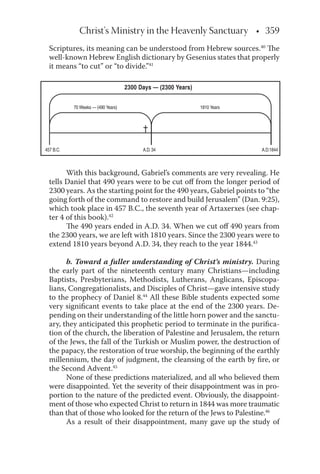 Christ's Ministry in the Heavenly Sanctuary • 359
Scriptures, its meaning can be understood from Hebrew sources.40
The
well-known Hebrew English dictionary by Gesenius states that properly
it means “to cut” or “to divide.”41
With this background, Gabriel’s comments are very revealing. He
tells Daniel that 490 years were to be cut oﬀ from the longer period of
2300 years. As the starting point for the 490 years, Gabriel points to “the
going forth of the command to restore and build Jerusalem” (Dan. 9:25),
which took place in 457 B.C., the seventh year of Artaxerxes (see chap-
ter 4 of this book).42
The 490 years ended in A.D. 34. When we cut oﬀ 490 years from
the 2300 years, we are left with 1810 years. Since the 2300 years were to
extend 1810 years beyond A.D. 34, they reach to the year 1844.43
b. Toward a fuller understanding of Christ’s ministry. During
the early part of the nineteenth century many Christians—including
Baptists, Presbyterians, Methodists, Lutherans, Anglicans, Episcopa-
lians, Congregationalists, and Disciples of Christ—gave intensive study
to the prophecy of Daniel 8.44
All these Bible students expected some
very signiﬁcant events to take place at the end of the 2300 years. De-
pending on their understanding of the little horn power and the sanctu-
ary, they anticipated this prophetic period to terminate in the puriﬁca-
tion of the church, the liberation of Palestine and Jerusalem, the return
of the Jews, the fall of the Turkish or Muslim power, the destruction of
the papacy, the restoration of true worship, the beginning of the earthly
millennium, the day of judgment, the cleansing of the earth by ﬁre, or
the Second Advent.45
None of these predictions materialized, and all who believed them
were disappointed. Yet the severity of their disappointment was in pro-
portion to the nature of the predicted event. Obviously, the disappoint-
ment of those who expected Christ to return in 1844 was more traumatic
than that of those who looked for the return of the Jews to Palestine.46
As a result of their disappointment, many gave up the study of
457 B.C.
70 Weeks — (490 Years) 1810 Years
A.D.34 A.D.1844
2300 Days — (2300 Years)
 