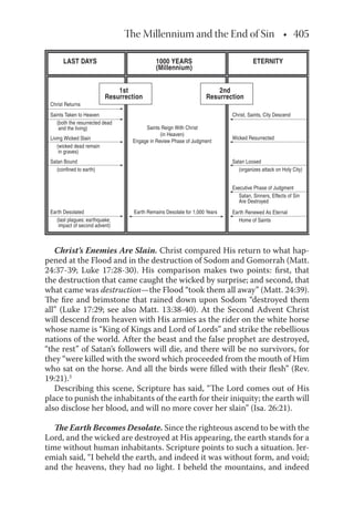 The Millennium and the End of Sin • 405• 405
Christ’s Enemies Are Slain. Christ compared His return to what hap-
pened at the Flood and in the destruction of Sodom and Gomorrah (Matt.
24:37-39; Luke 17:28-30). His comparison makes two points: ﬁrst, that
the destruction that came caught the wicked by surprise; and second, that
what came was destruction—the Flood “took them all away” (Matt. 24:39).
The ﬁre and brimstone that rained down upon Sodom “destroyed them
all” (Luke 17:29; see also Matt. 13:38-40). At the Second Advent Christ
will descend from heaven with His armies as the rider on the white horse
whose name is “King of Kings and Lord of Lords” and strike the rebellious
nations of the world. After the beast and the false prophet are destroyed,
“the rest” of Satan’s followers will die, and there will be no survivors, for
they “were killed with the sword which proceeded from the mouth of Him
who sat on the horse. And all the birds were ﬁlled with their ﬂesh” (Rev.
19:21).3
Describing this scene, Scripture has said, “The Lord comes out of His
place to punish the inhabitants of the earth for their iniquity; the earth will
also disclose her blood, and will no more cover her slain” (Isa. 26:21).
The Earth Becomes Desolate. Since the righteous ascend to be with the
Lord, and the wicked are destroyed at His appearing, the earth stands for a
time without human inhabitants. Scripture points to such a situation. Jer-
emiah said, “I beheld the earth, and indeed it was without form, and void;
and the heavens, they had no light. I beheld the mountains, and indeed
Christ Returns
Saints Taken to Heaven
(both the resurrected dead
and the living) Saints Reign With Christ
(in Heaven)
Engage in Review Phase of Judgment
Christ, Saints, City Descend
Wicked Resurrected
Satan Loosed
(organizes attack on Holy City)
Executive Phase of Judgment
Satan, Sinners, Effects of Sin
Are Destroyed
Earth Renewed As Eternal
Home of Saints
Living Wicked Slain
(wicked dead remain
in graves)
Earth Desolated
(last plagues; earthquake;
impact of second advent)
Satan Bound
(confined to earth)
LAST DAYS
1st
Resurrection
ETERNITY1000 YEARS
(Millennium)
2nd
Resurrection
Earth Remains Desolate for 1,000 Years
 